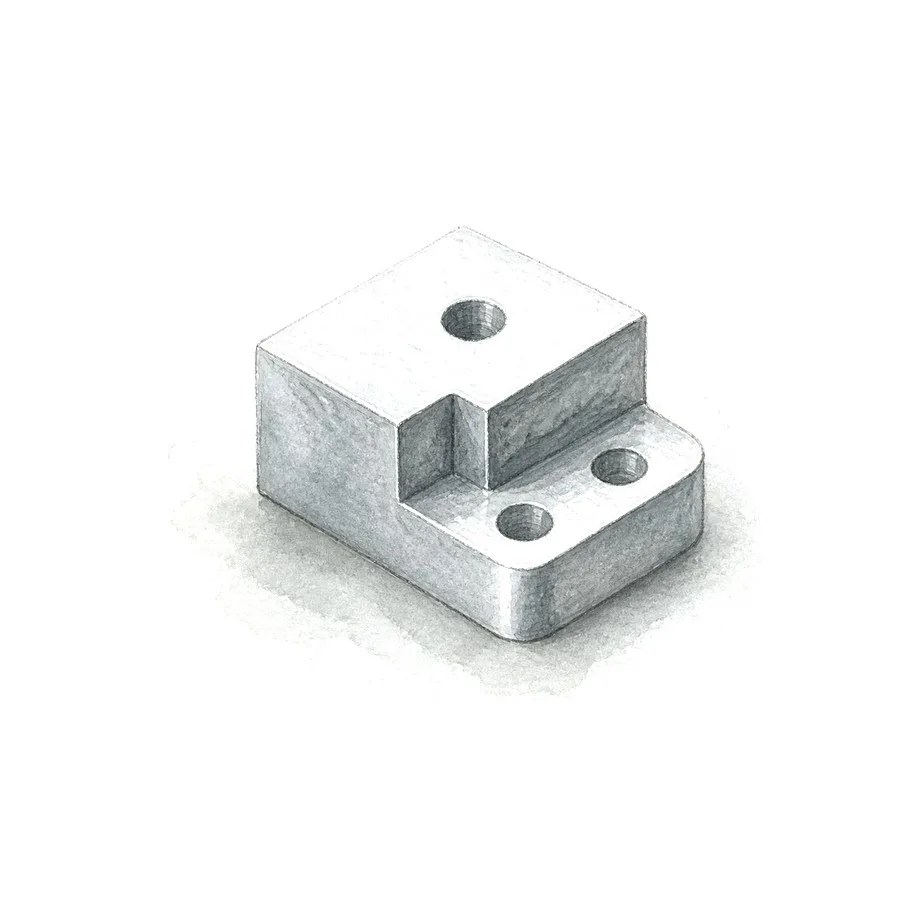 Graphite illustration of a milled bracket with drilled holes.