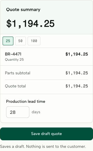 Actual quote summary showing $1,194.25 for 25 parts and a 28-day lead time.
